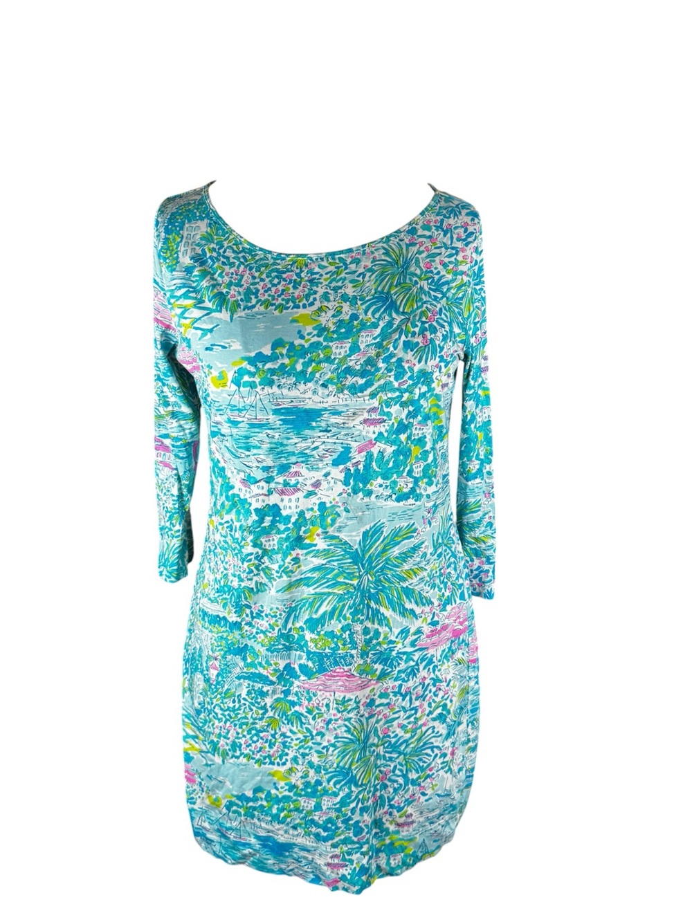 Lilly Pulitzer Dress Large Tropical Scenic Resort Print 3/4 Sleeve Pima Cotton